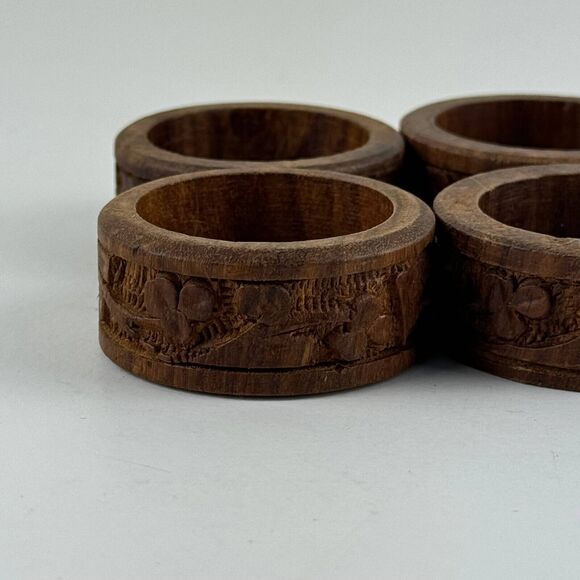 Floral Napkin Rings Carved Wood Set of 6 Made in India - Picture 5 of 6